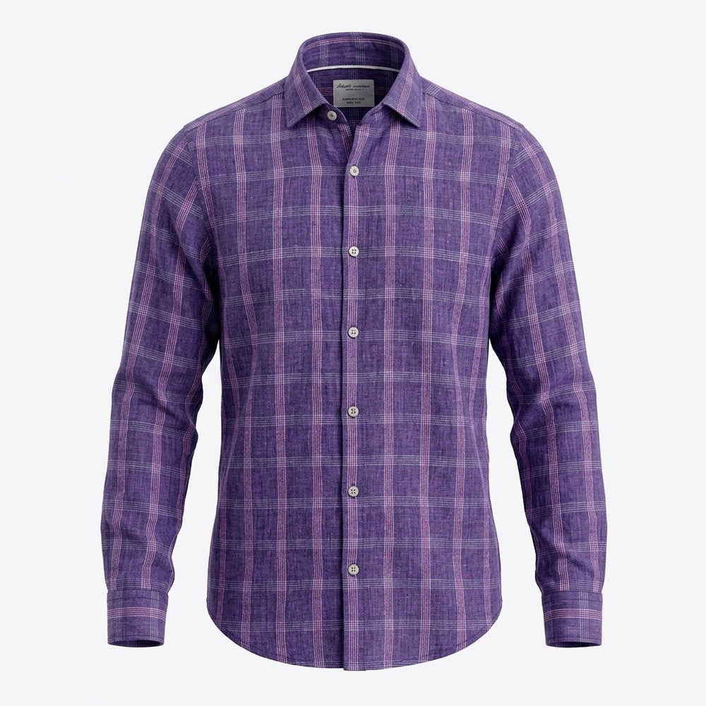 Murano Baird McNutt Linen Slim Fit Shirt Purple Plaid Long Sleeve Mens L